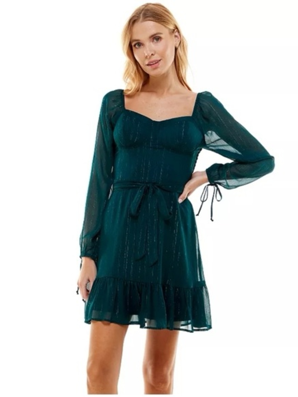 Lily Rose Teal Sheer Long-Sleeve Square Neck Mini Dress